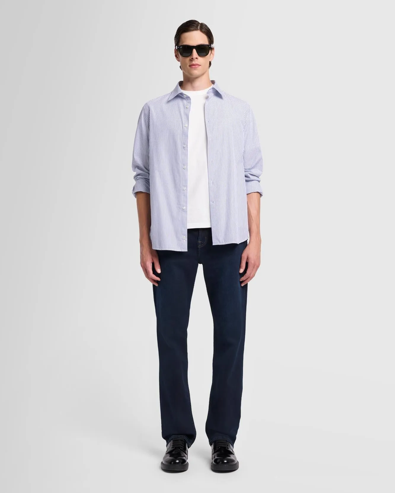 Long Sleeve Poplin Shirt in Navy Stripe sold by 7 For All Mankind product image thumbnail 2