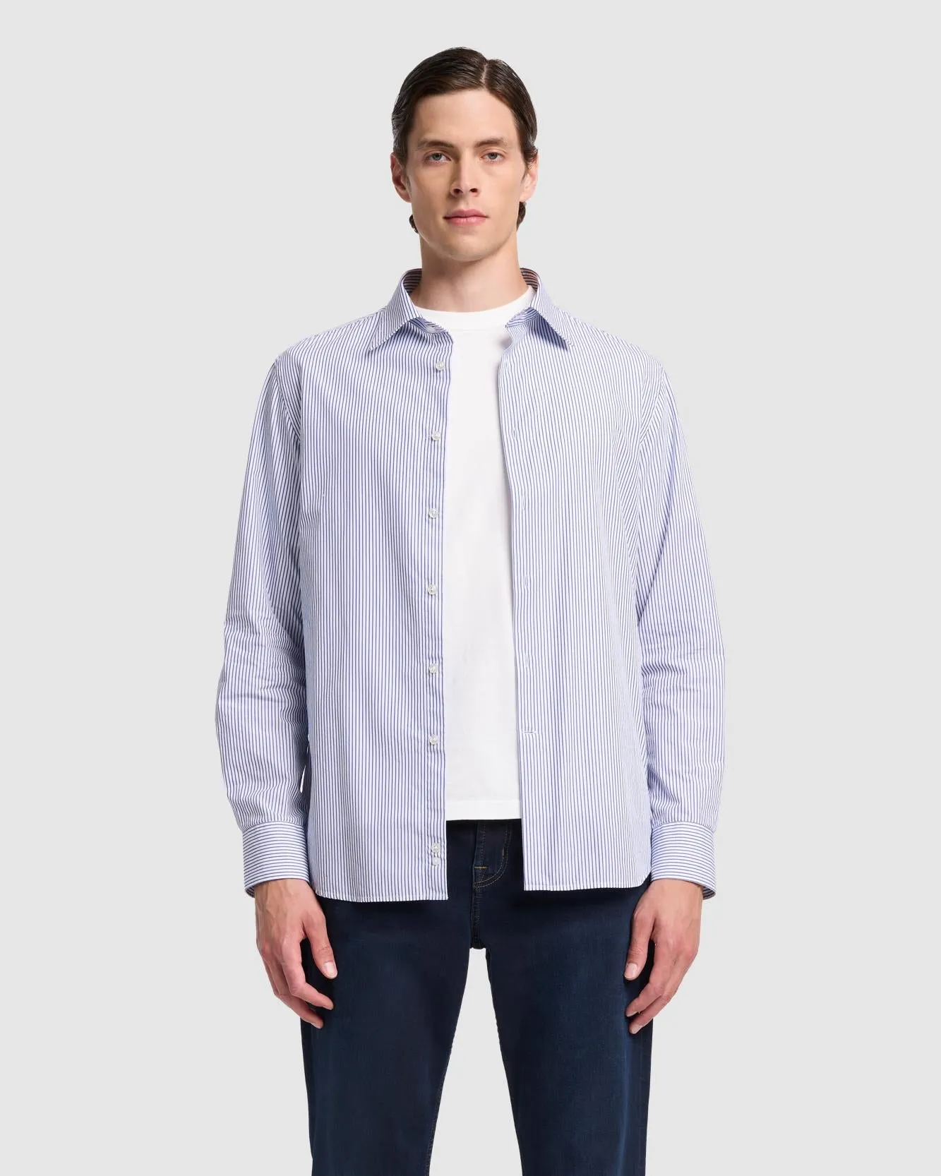 Long Sleeve Poplin Shirt in Navy Stripe sold by 7 For All Mankind