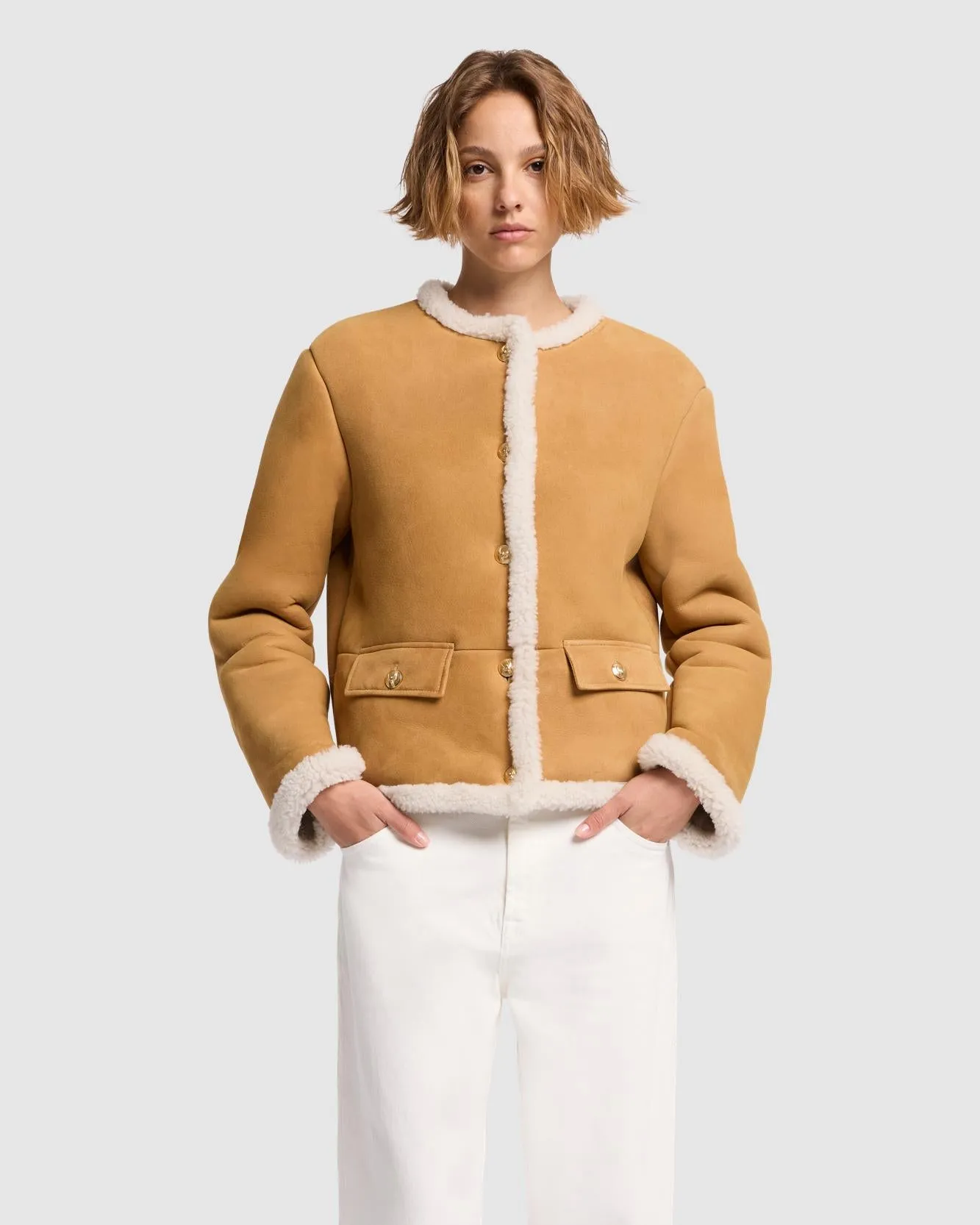 Cropped Shearling Jacket in Porcini sold by 7 For All Mankind