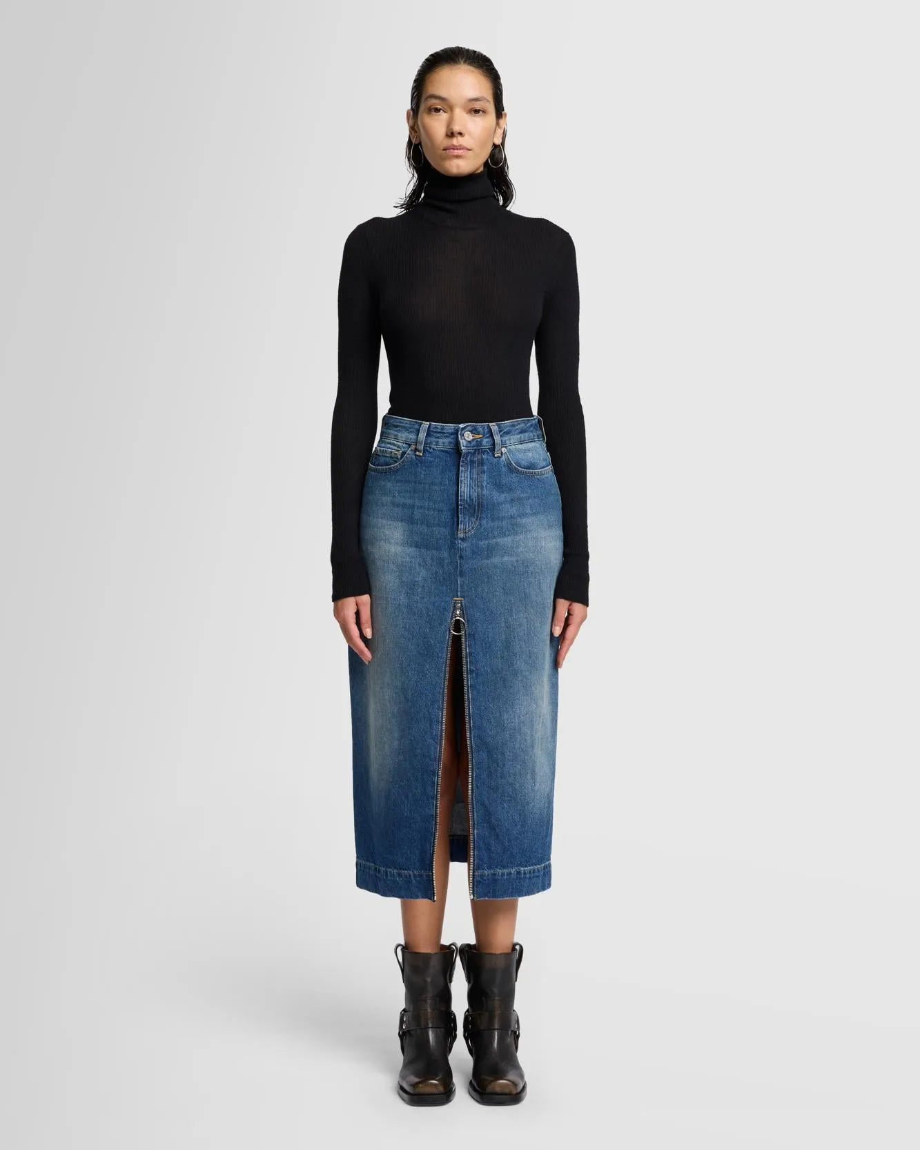 Amber Zip Denim Midi Skirt in Topic sold by 7 For All Mankind
