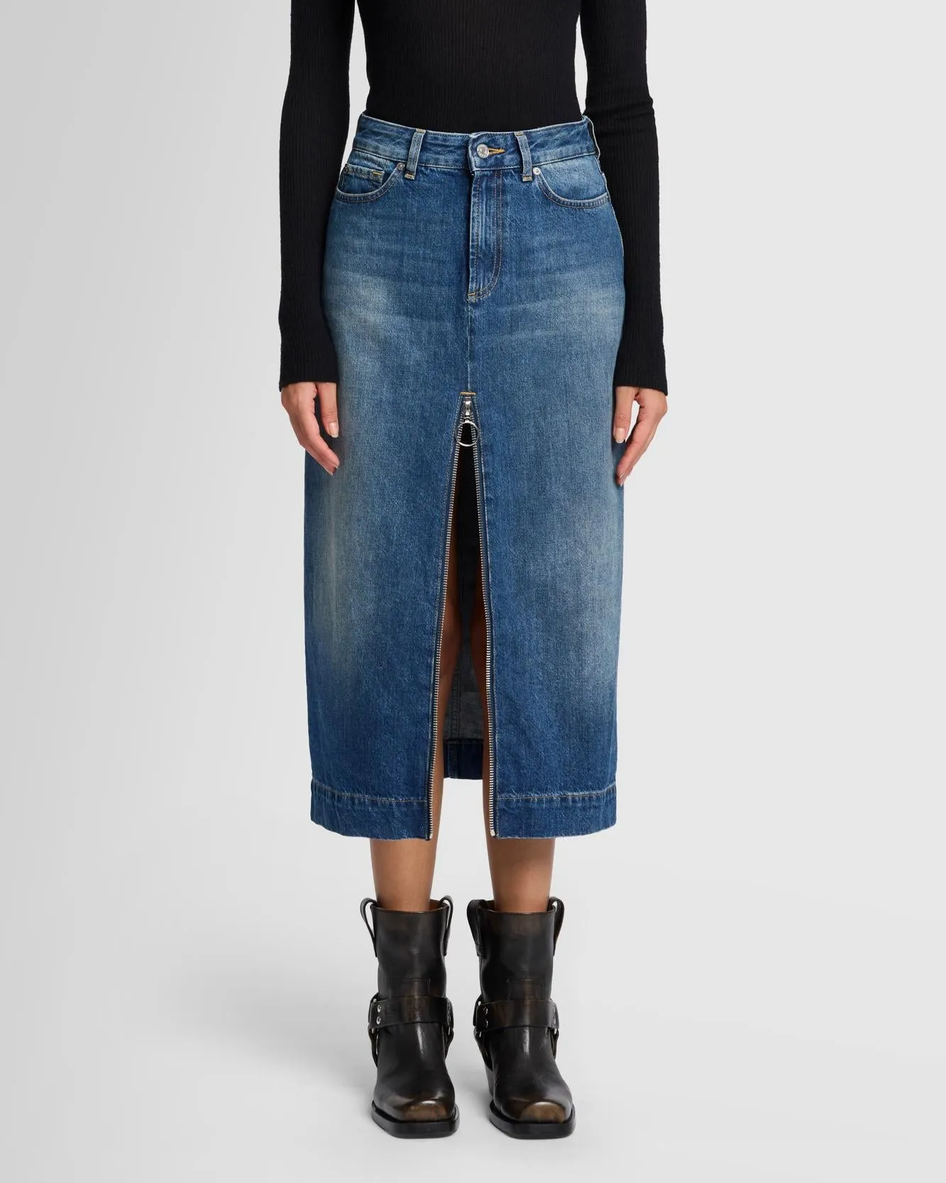 Amber Zip Denim Midi Skirt in Topic sold by 7 For All Mankind product image thumbnail 2
