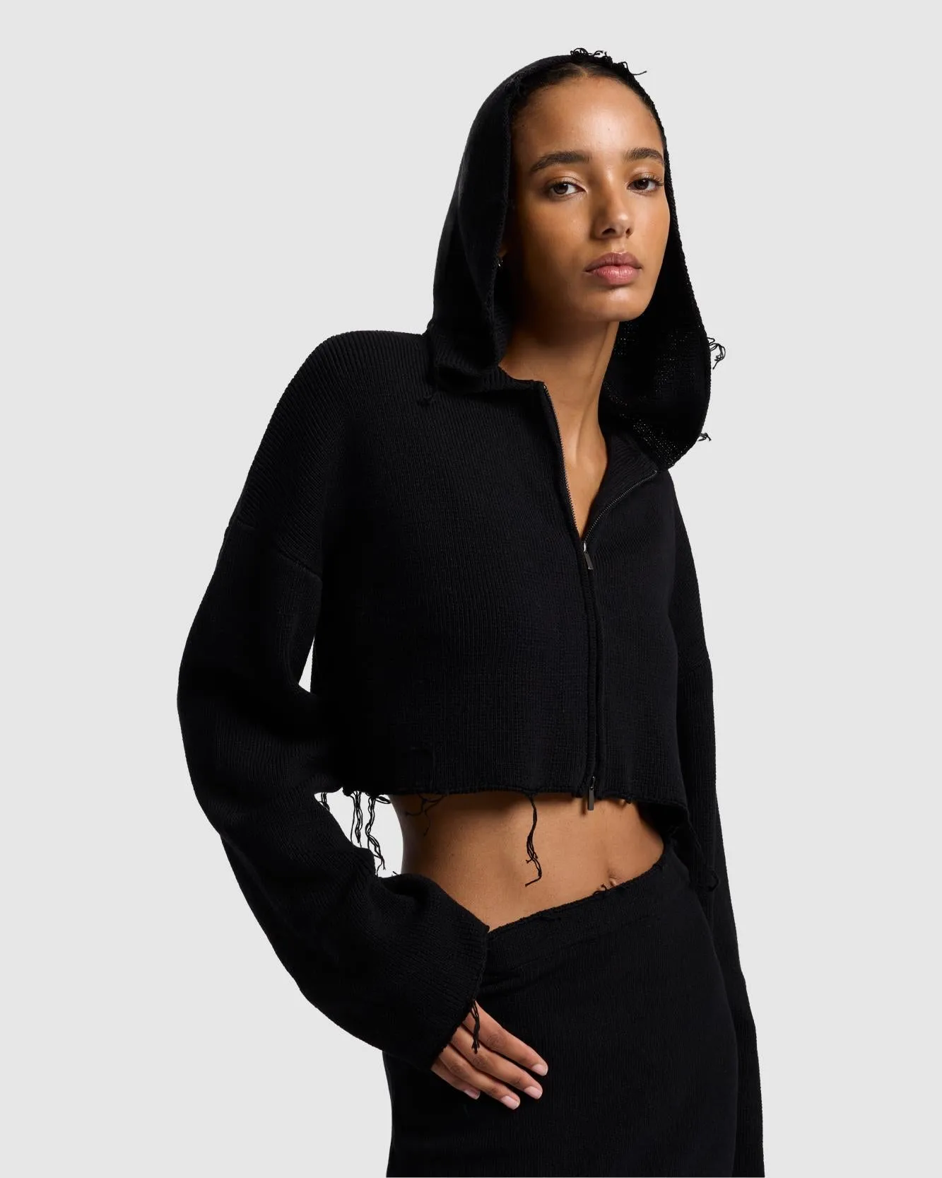 Distressed Knit Cropped Hoodie in Black sold by 7 For All Mankind product image thumbnail 3