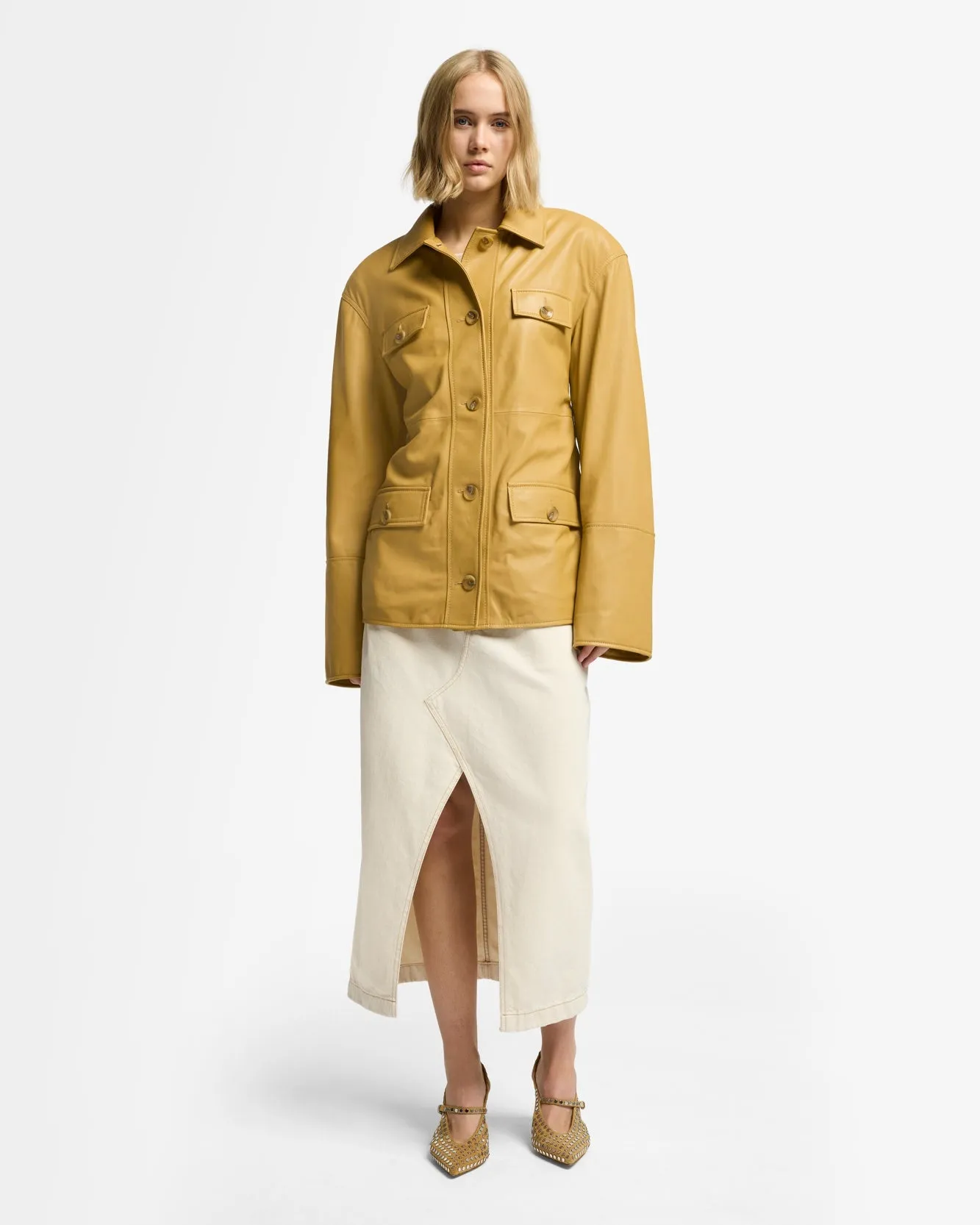 Sahariana Leather Cropped Trench in Honey sold by 7 For All Mankind product image thumbnail 3