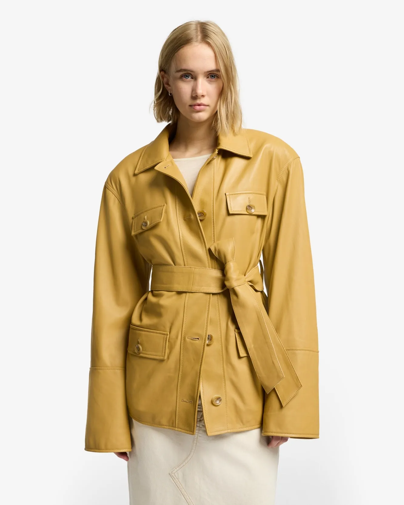 Sahariana Leather Cropped Trench in Honey sold by 7 For All Mankind product image thumbnail 2