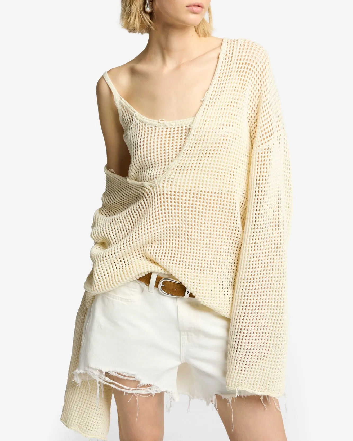 Deep V-Neck Open Knit Pullover in Ecru sold by 7 For All Mankind product image thumbnail 4