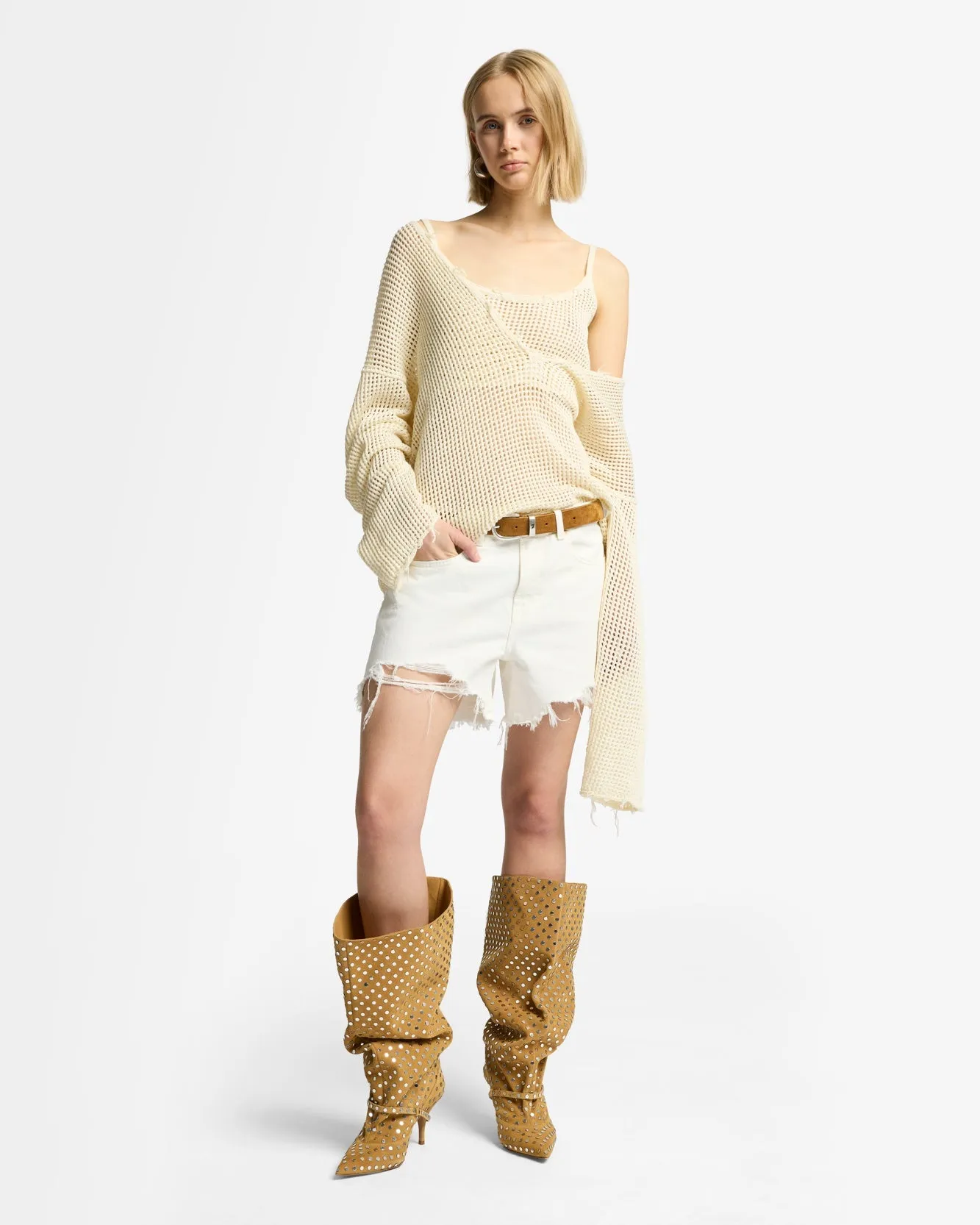 Deep V-Neck Open Knit Pullover in Ecru sold by 7 For All Mankind product image thumbnail 3