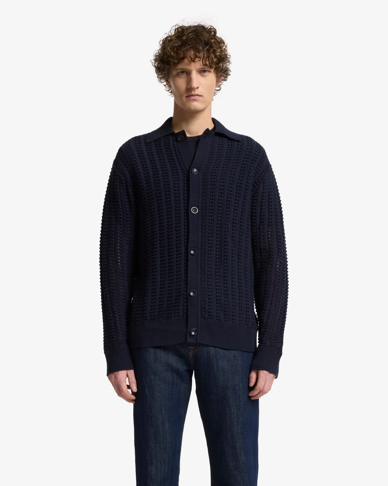 Crochet Knit Polo in Navy sold by 7 For All Mankind