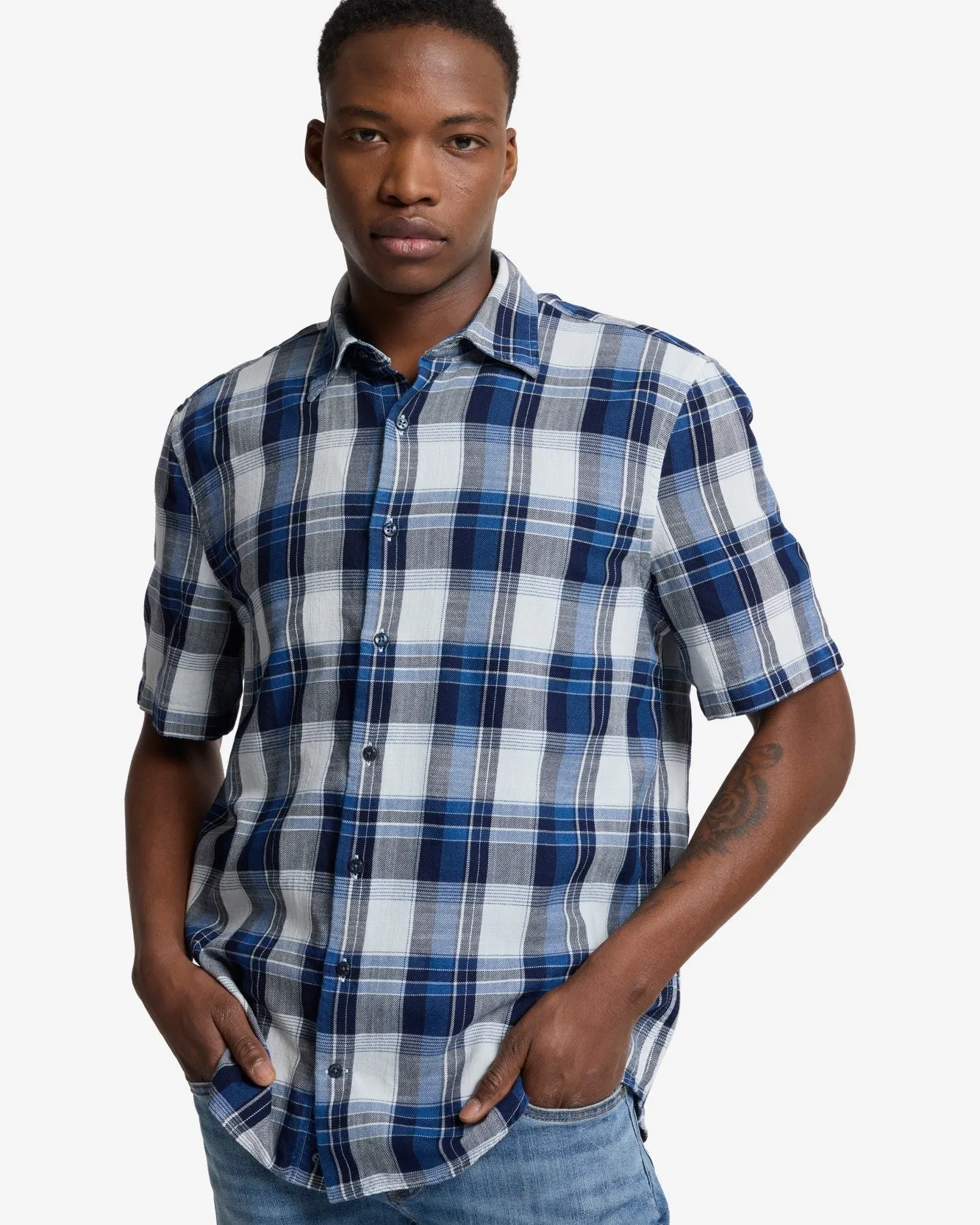 Short Sleeve Button Up Shirt in Indigo Check sold by 7 For All Mankind product image thumbnail 4