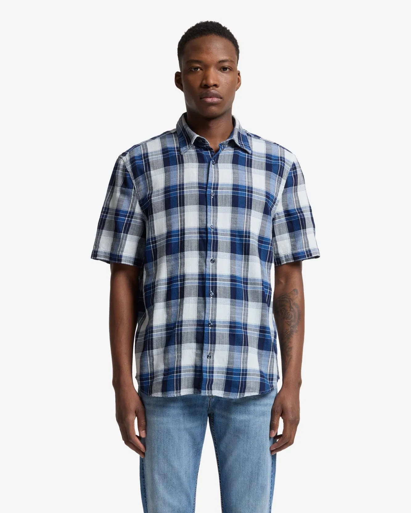 Short Sleeve Button Up Shirt in Indigo Check sold by 7 For All Mankind product image thumbnail 2