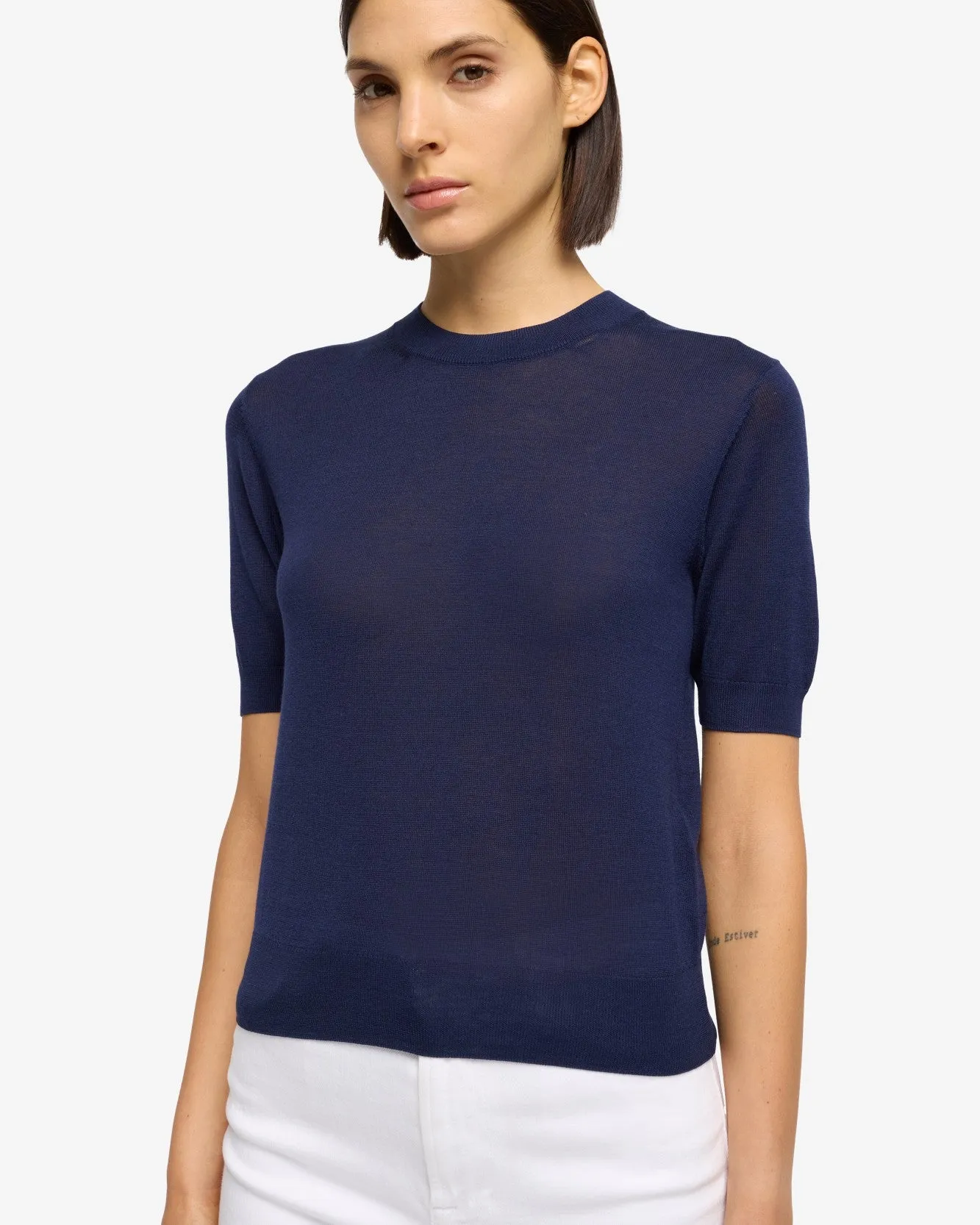 Silk Blend Short Sleeve Sweater in Navy sold by 7 For All Mankind product image thumbnail 3
