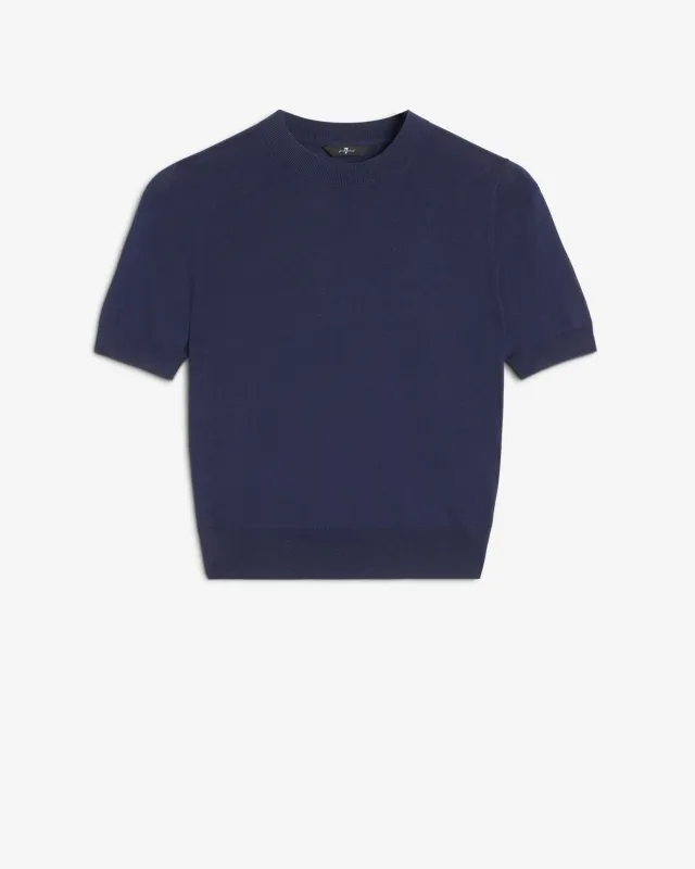 Silk Blend Short Sleeve Sweater in Navy sold by 7 For All Mankind