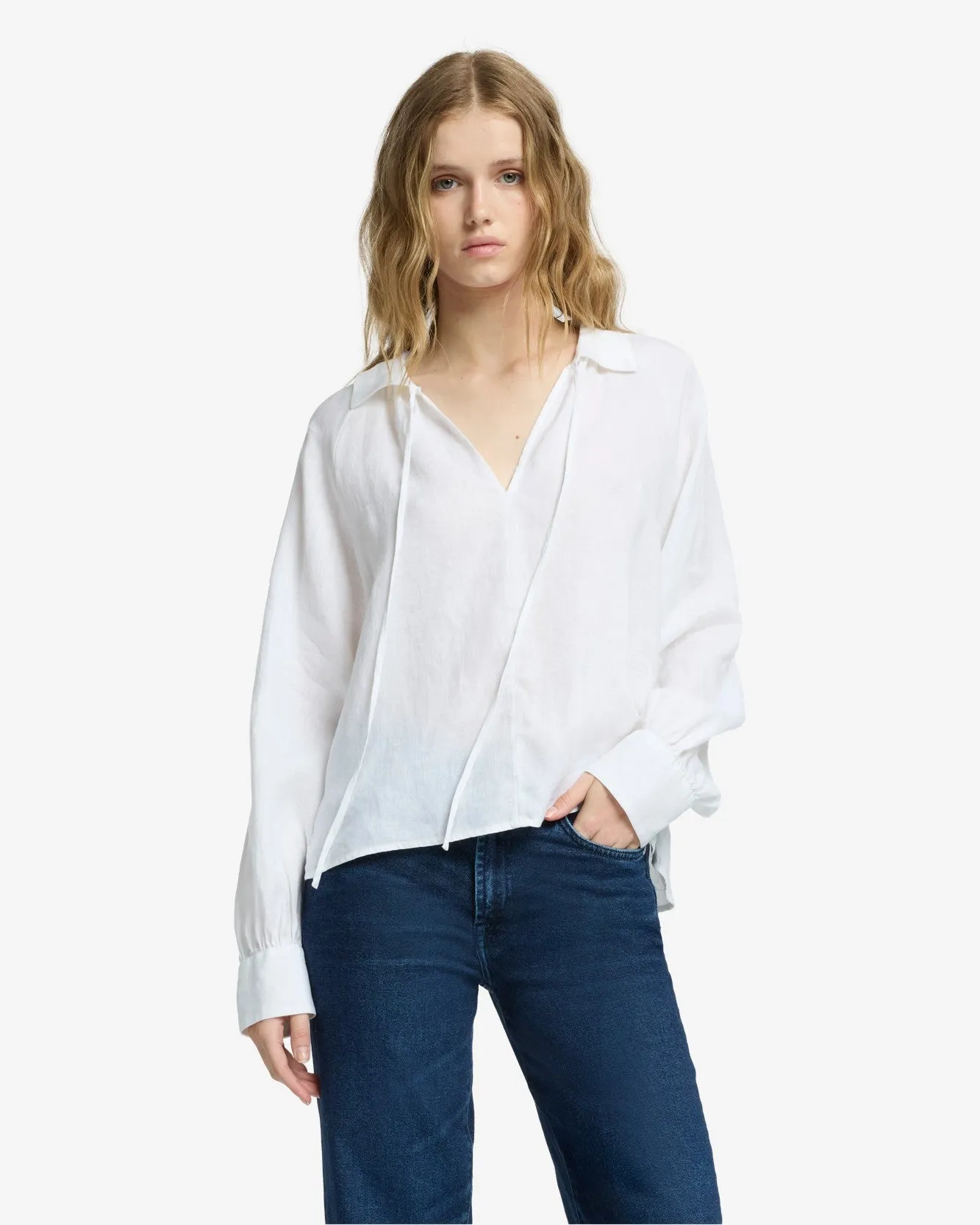 Tie Neck Linen Blouse in Optical White sold by 7 For All Mankind product image thumbnail 2
