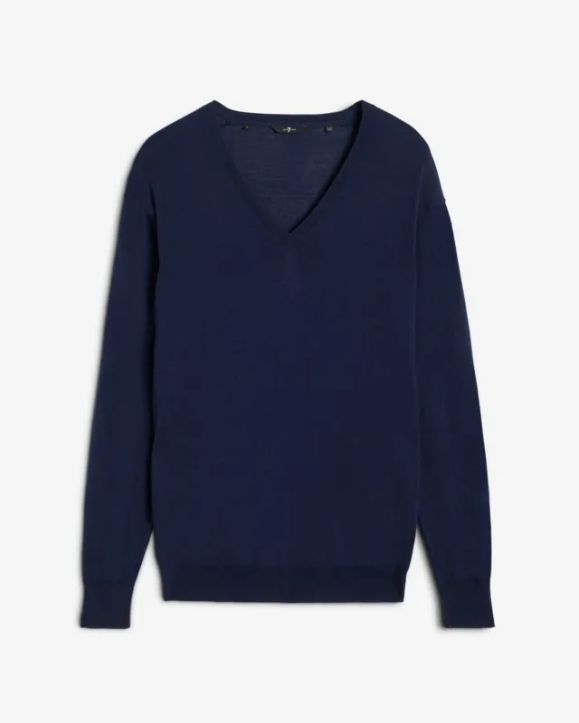 Silk Blend V-Neck Pullover in Navy sold by 7 For All Mankind