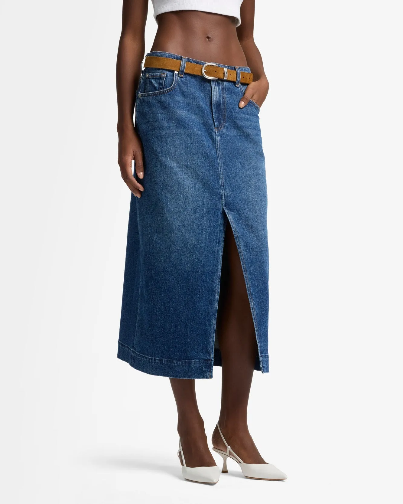 Amber Denim Midi Skirt in Artifact sold by 7 For All Mankind product image thumbnail 4