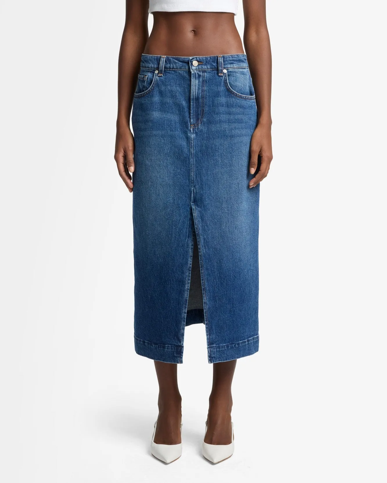 Amber Denim Midi Skirt in Artifact sold by 7 For All Mankind product image thumbnail 3