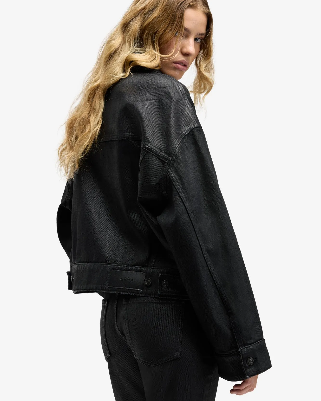 Oli Cropped Trucker Jacket in Coated Blackcat sold by 7 For All Mankind product image thumbnail 4