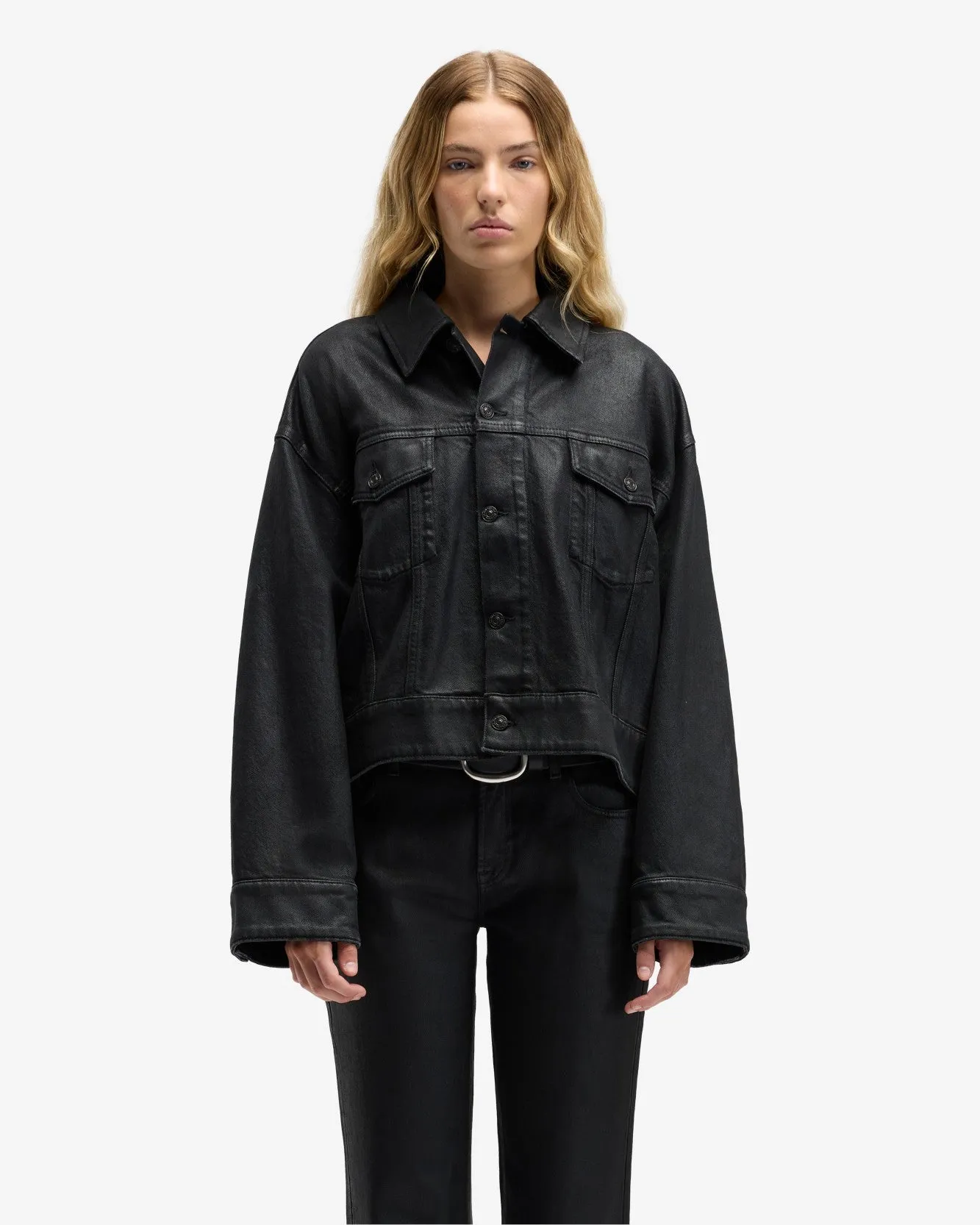 Oli Cropped Trucker Jacket in Coated Blackcat sold by 7 For All Mankind product image thumbnail 2