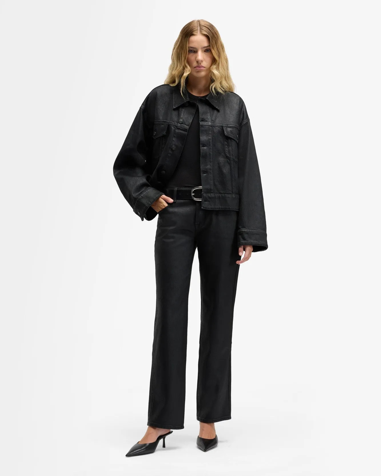 Oli Cropped Trucker Jacket in Coated Blackcat sold by 7 For All Mankind product image thumbnail 3