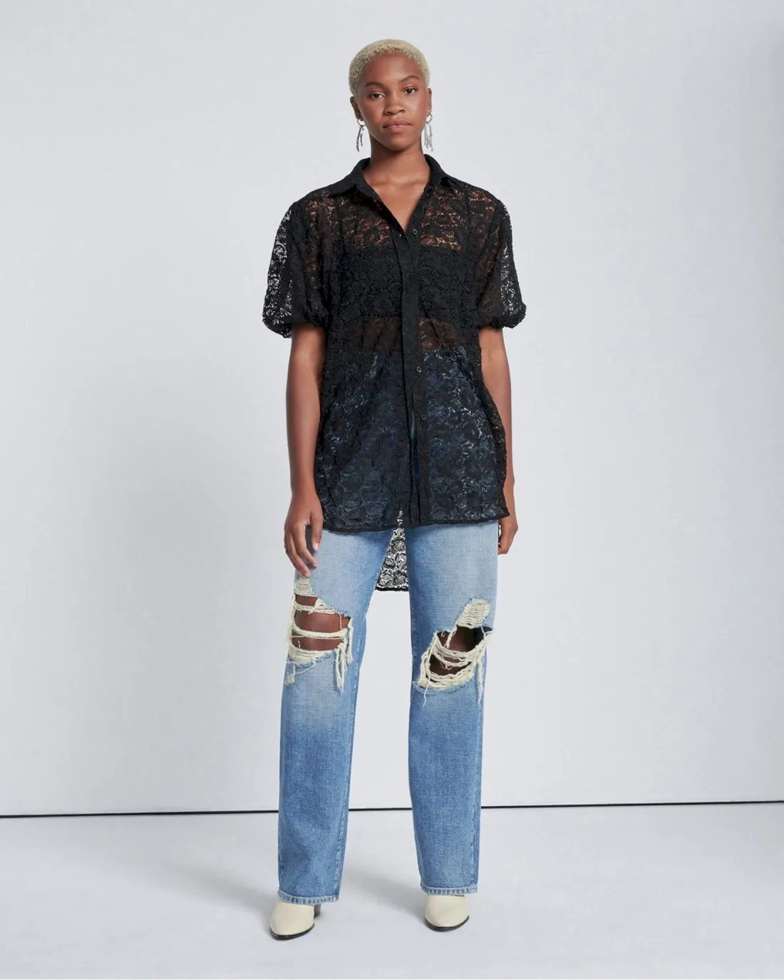 Puff Sleeve Lace Button-Up Tunic in Black sold by 7 For All Mankind product image thumbnail 3