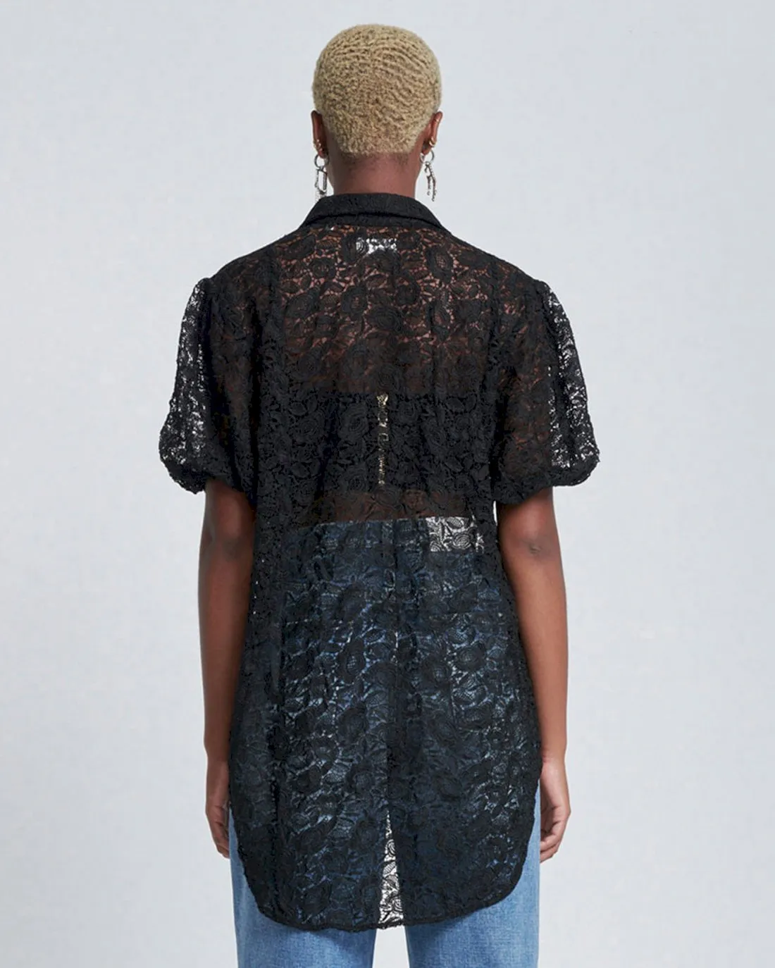 Puff Sleeve Lace Button-Up Tunic in Black sold by 7 For All Mankind product image thumbnail 4