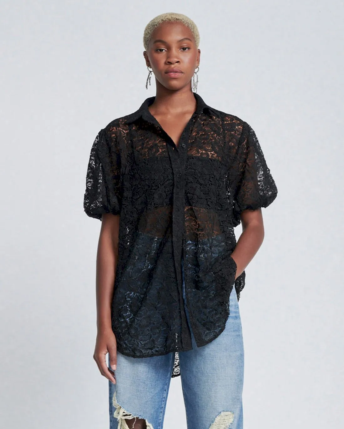 Puff Sleeve Lace Button-Up Tunic in Black sold by 7 For All Mankind