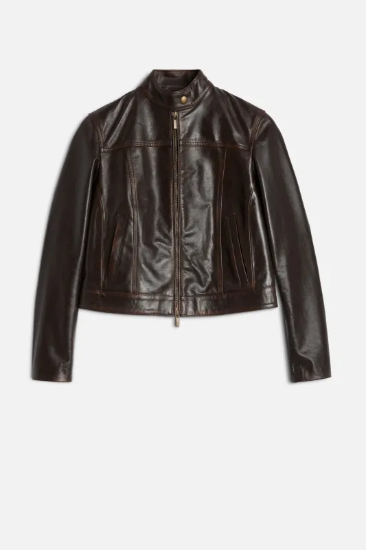 CROPPED BIKER JACKET in Leather Vintage Brown sold by 7 For All Mankind