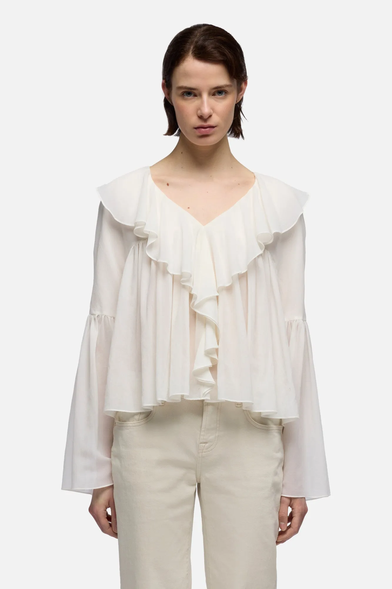 FLOWY LONG SLEEVE BLOUSE in Silk Blend Cotton Ivory sold by 7 For All Mankind product image thumbnail 3