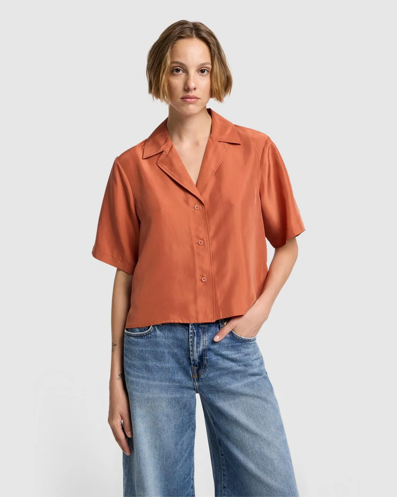 Silk Camp Shirt in Creme Caramel sold by 7 For All Mankind