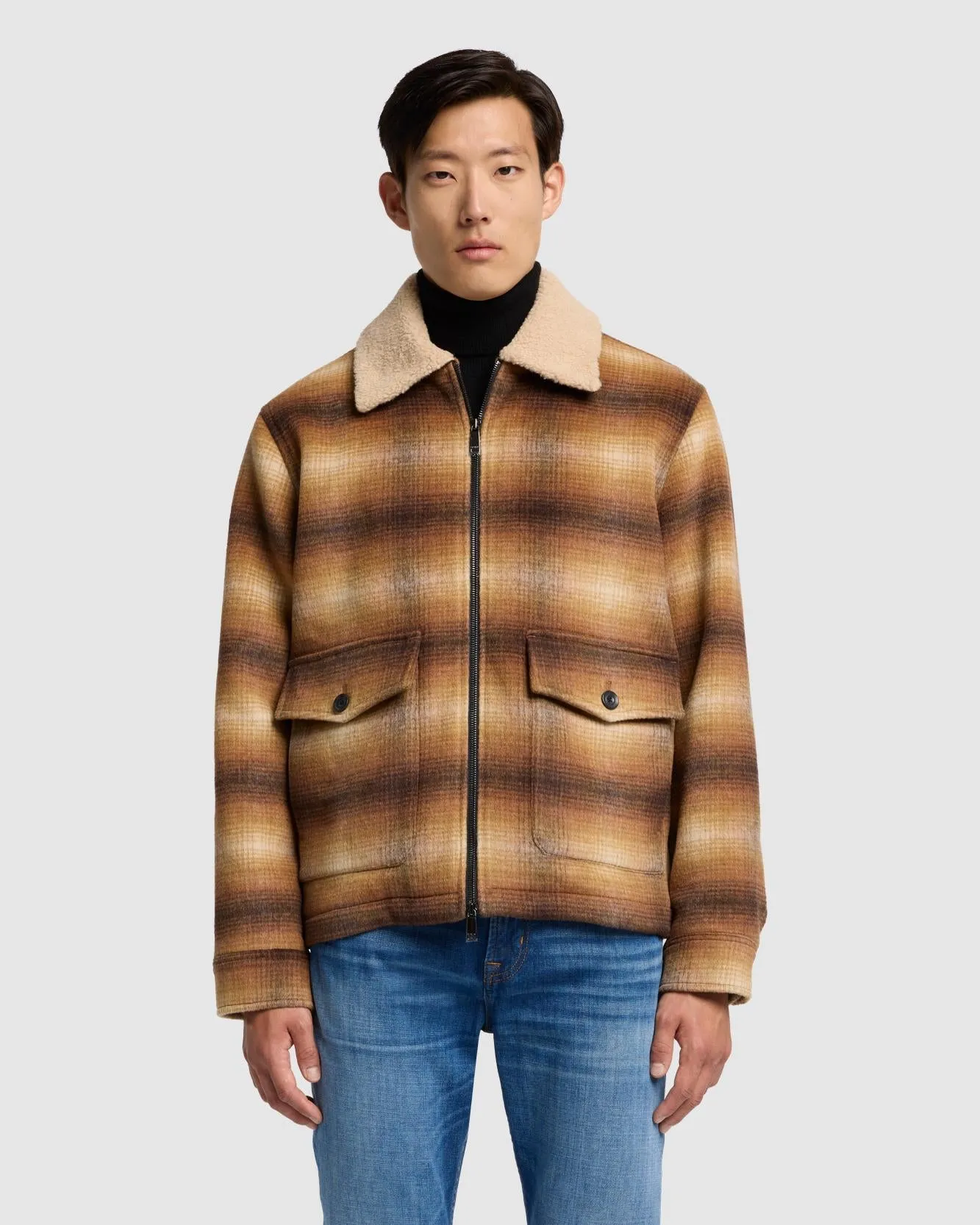 Sherpa Wool Coat in Brown Plaid sold by 7 For All Mankind