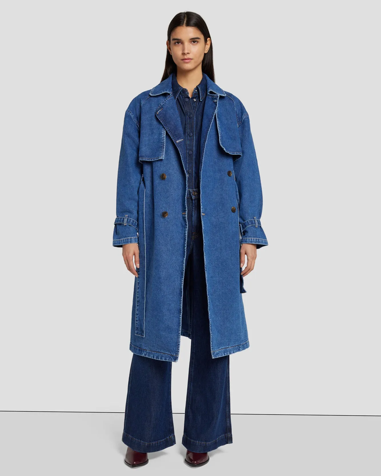 Tailored Denim Trench Coat in Calla sold by 7 For All Mankind
