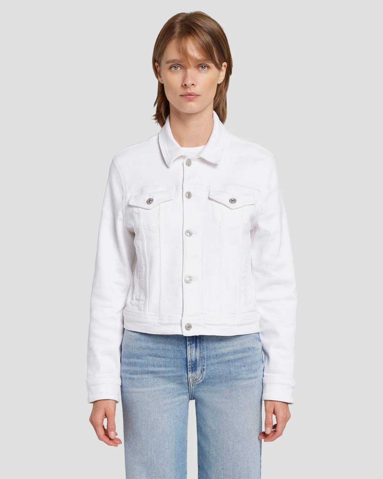 Luxe Vintage Classic Trucker Jacket in Soleil sold by 7 For All Mankind