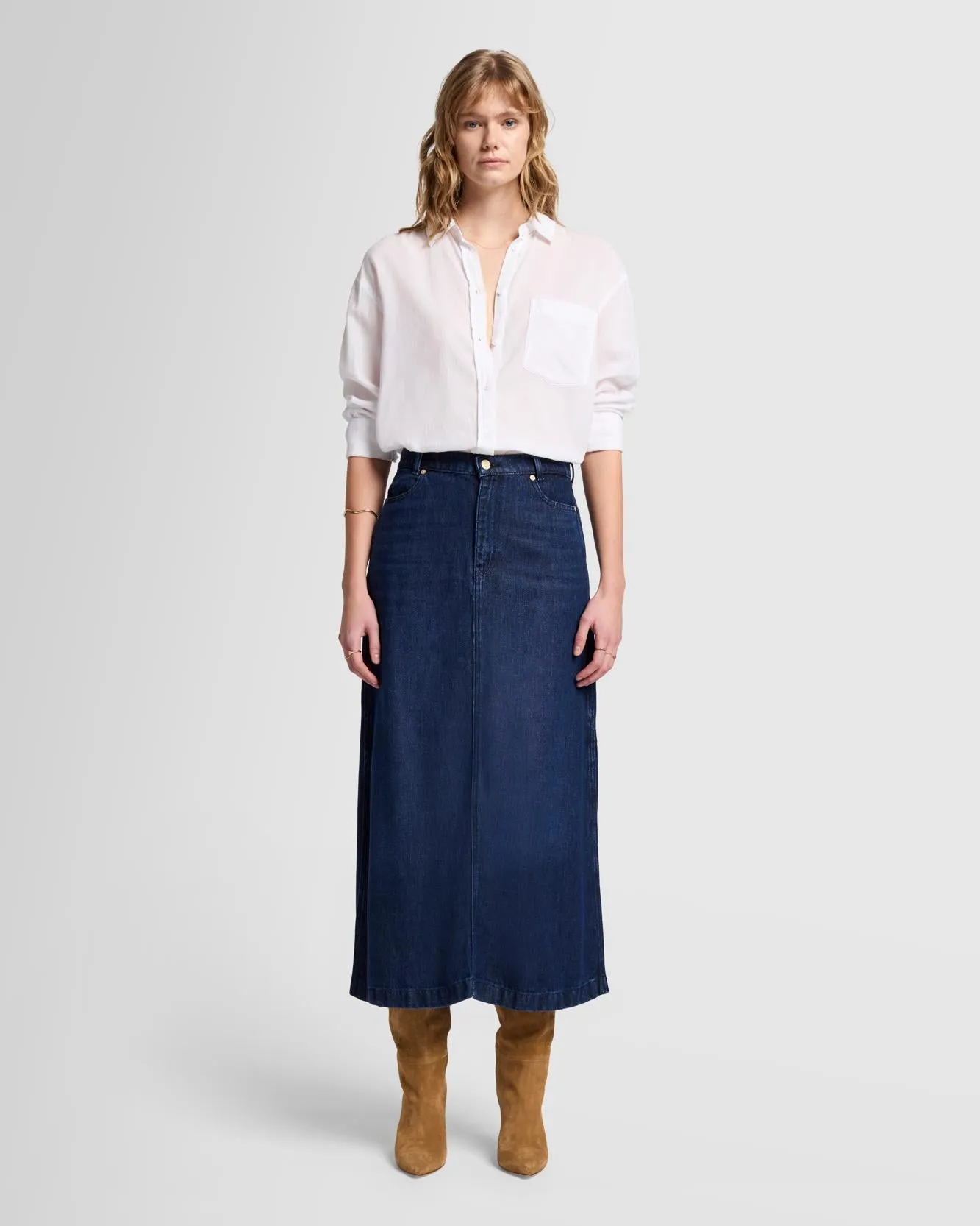 Denim Lustre Midi Skirt in Stormy sold by 7 For All Mankind