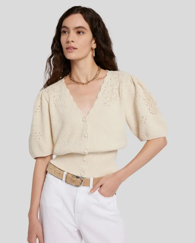 Cinched Puff Sleeve Cardigan in Bone sold by 7 For All Mankind