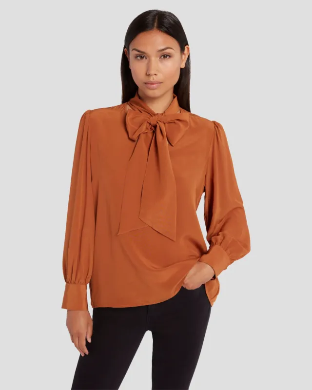 Silk Tie Neck Blouse in Ginger sold by 7 For All Mankind