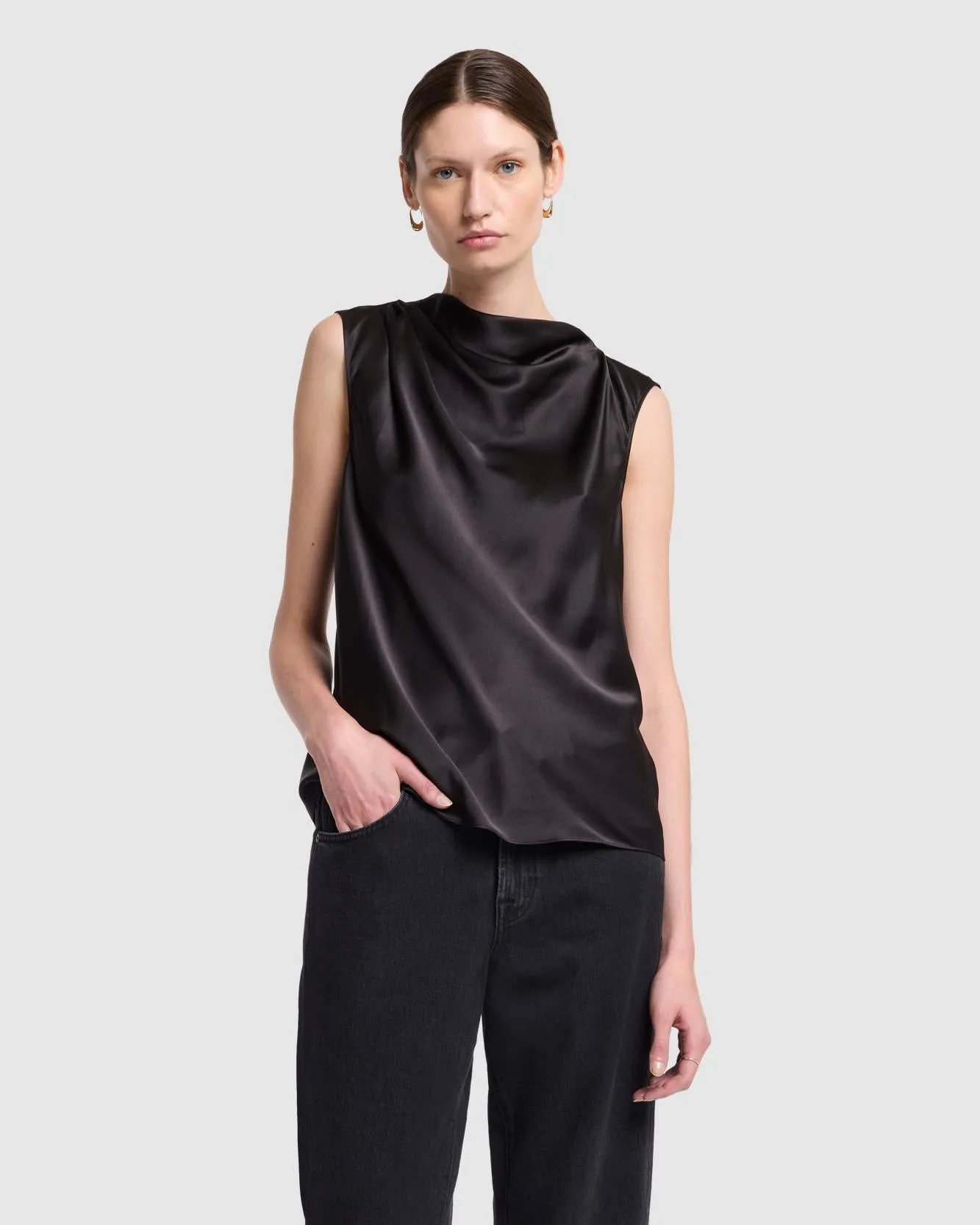 Silk High Neck Draped Blouse in Black sold by 7 For All Mankind