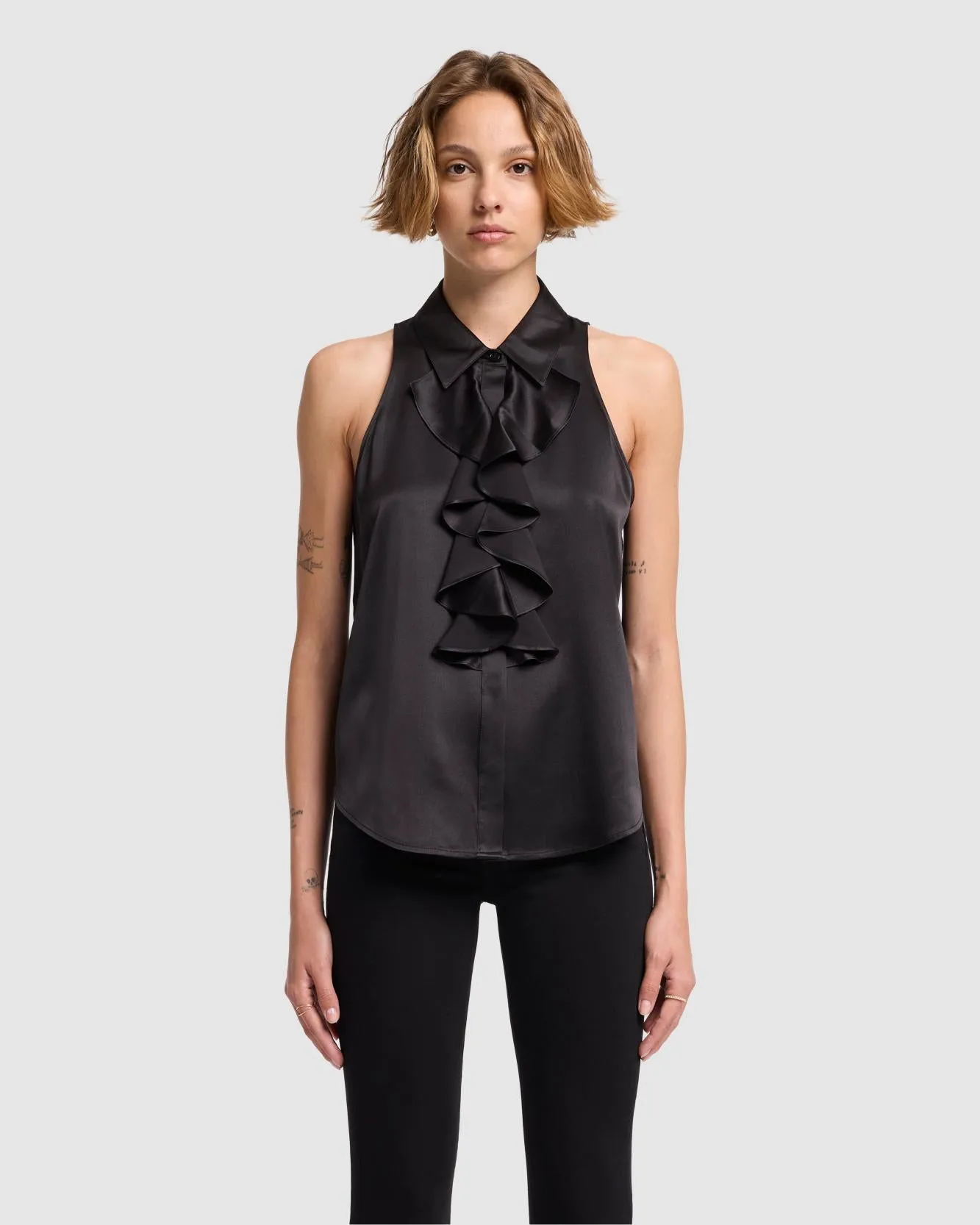 Silk Ruffle Bow Halter Top in Black sold by 7 For All Mankind