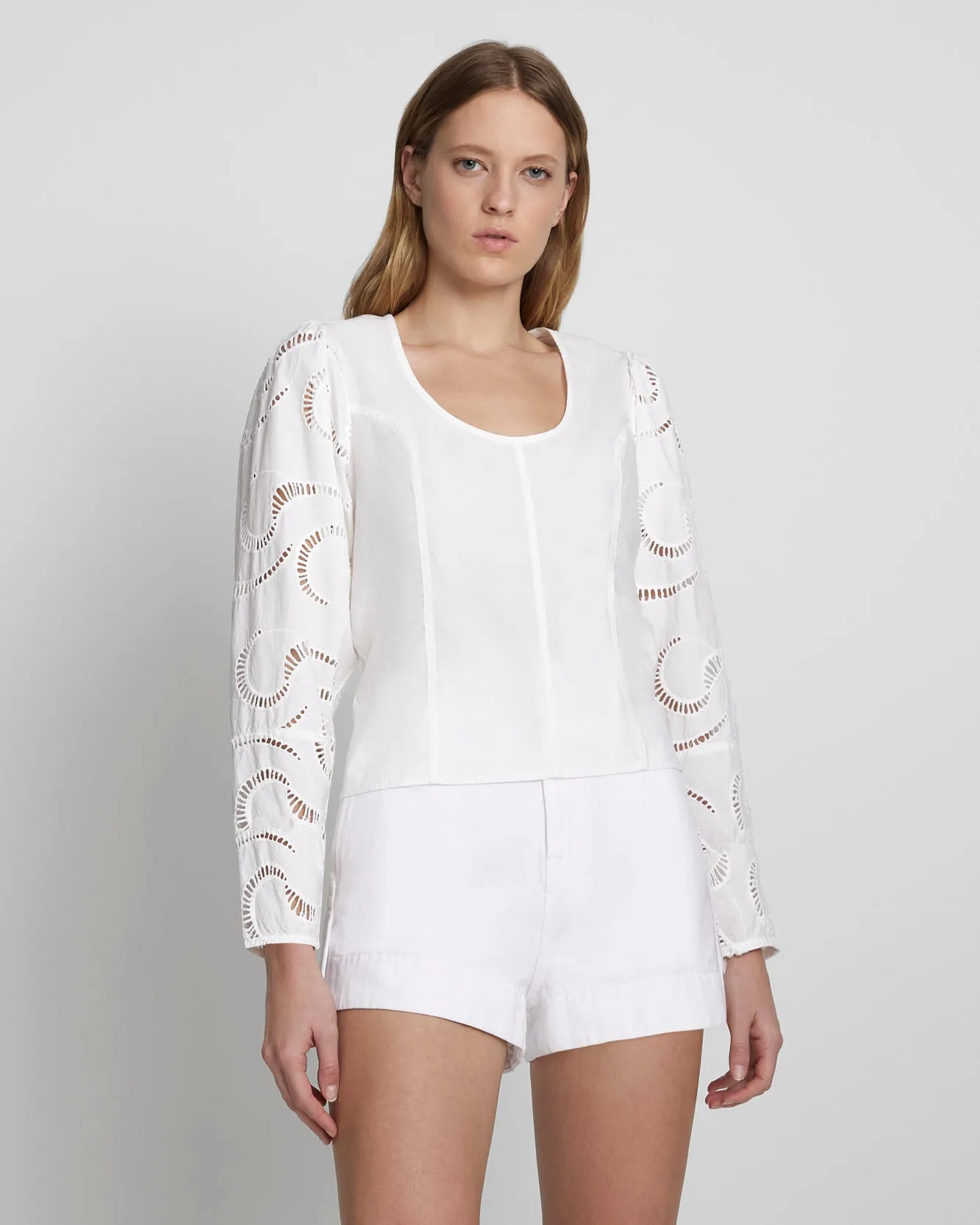 Balloon Sleeve Eyelet Top in Antique White sold by 7 For All Mankind