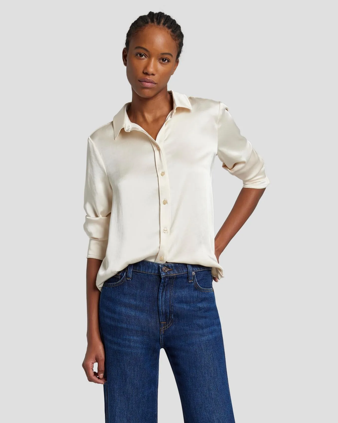 Satin Button Up Shirt in Cream sold by 7 For All Mankind