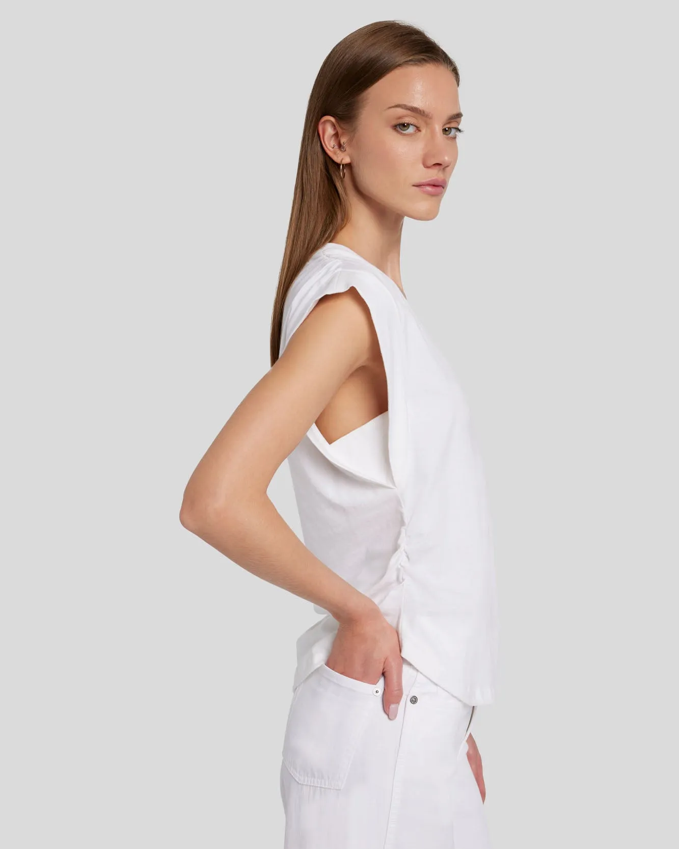 Ruched Sleeveless Tee in White sold by 7 For All Mankind product image thumbnail 3