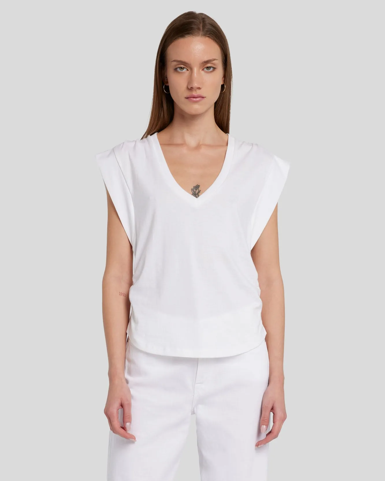 Ruched Sleeveless Tee in White sold by 7 For All Mankind