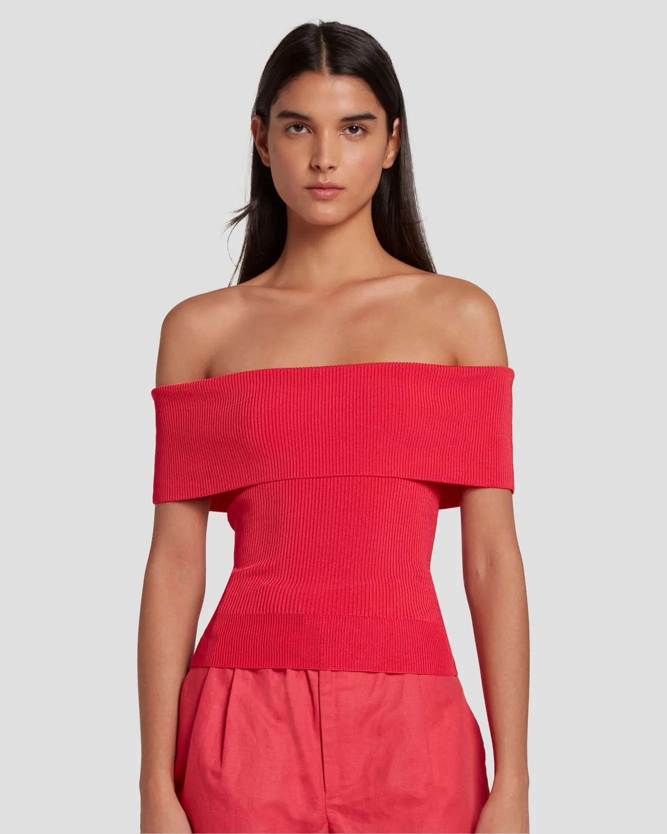 Off The Shoulder Ribbed Top in Geranium sold by 7 For All Mankind