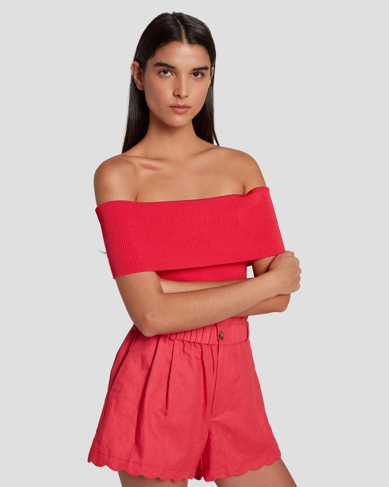 Off The Shoulder Ribbed Top in Geranium sold by 7 For All Mankind product image thumbnail 5