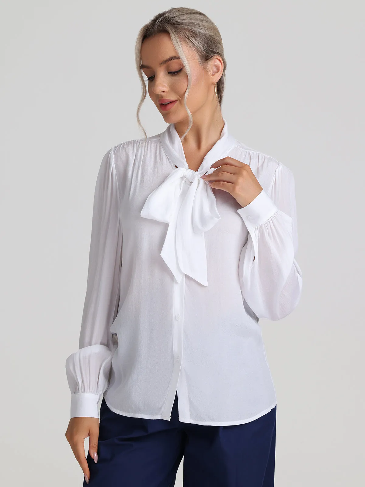 Tie Neck Button Up Blouse sold by 89th & Madison