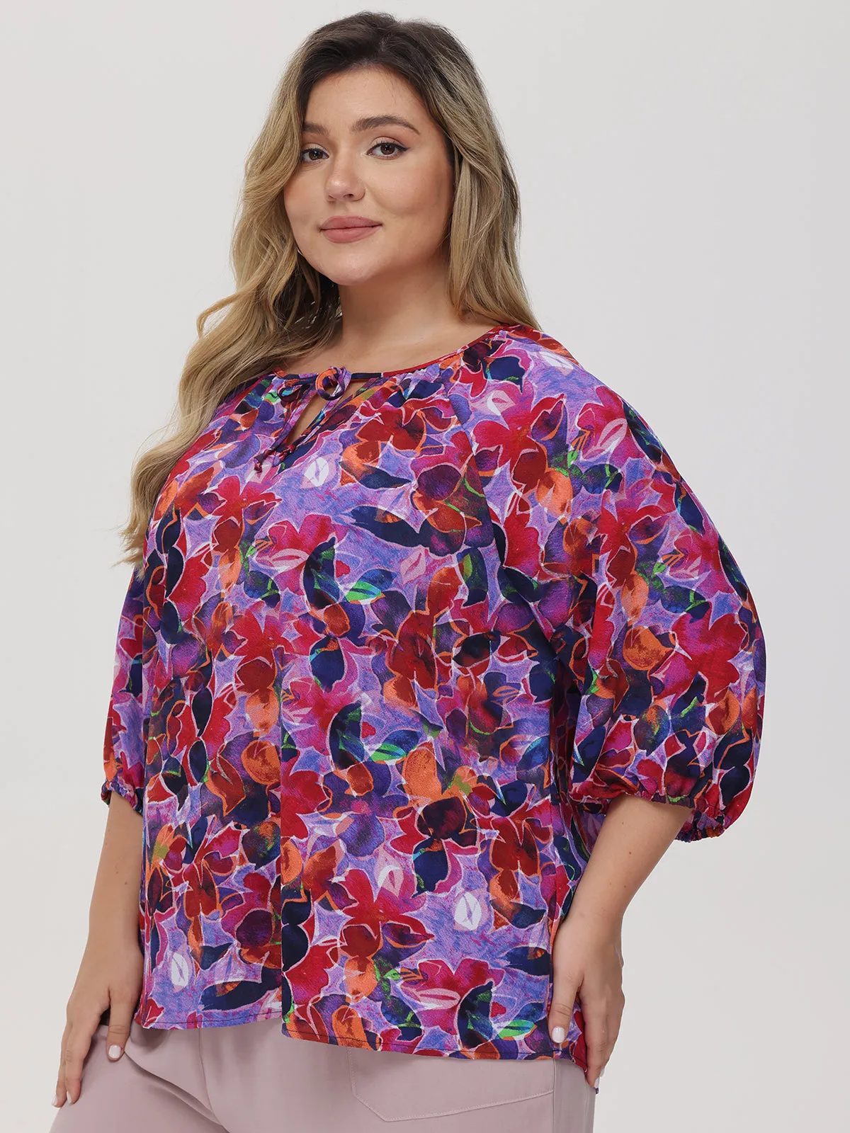 Plus Floral Tie Neck Blouse sold by 89th & Madison
