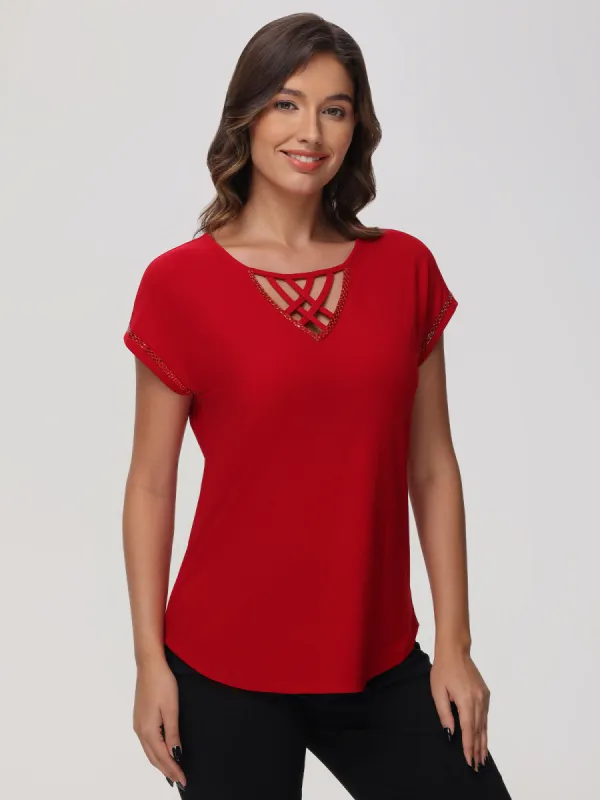 Lace Up Jeweled Dolman Cool Top sold by 89th & Madison