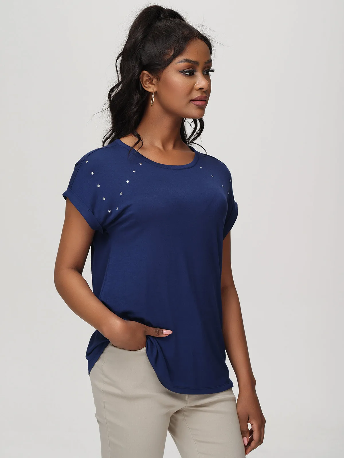 Crewneck Roll Cuff Short Sleeve Top sold by 89th & Madison product image thumbnail 4