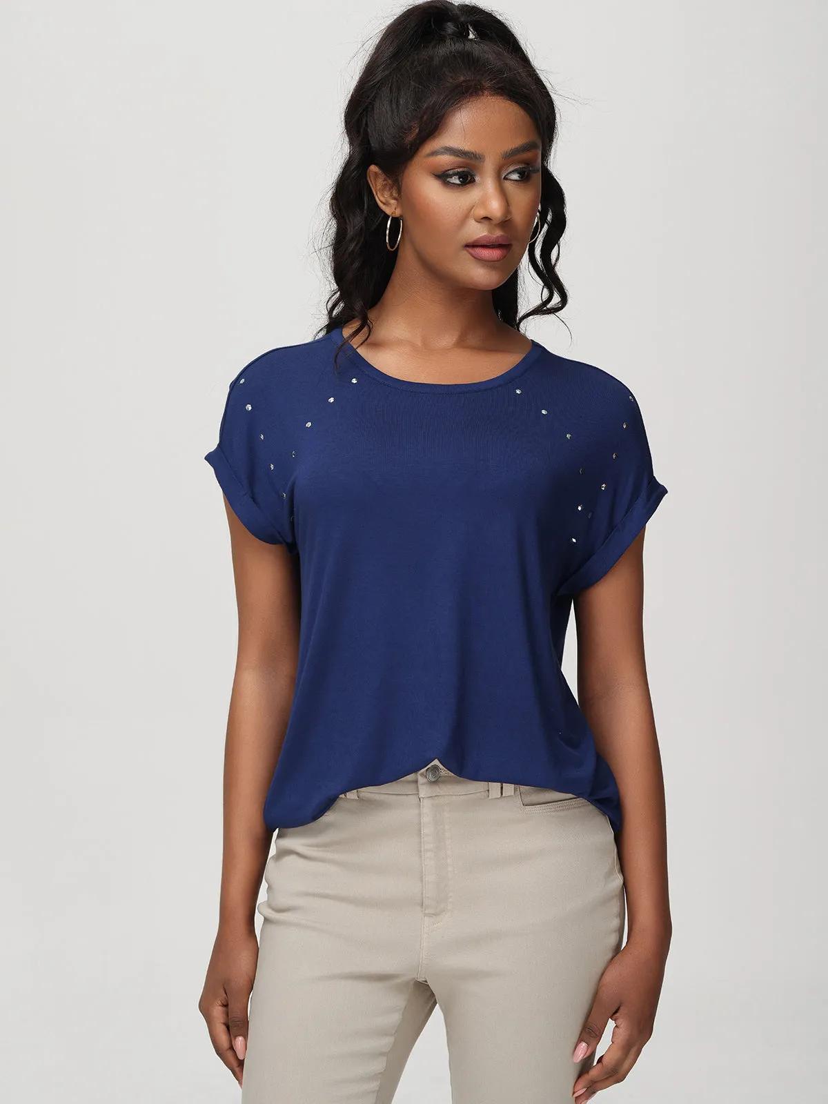 Crewneck Roll Cuff Short Sleeve Top sold by 89th & Madison product image thumbnail 2