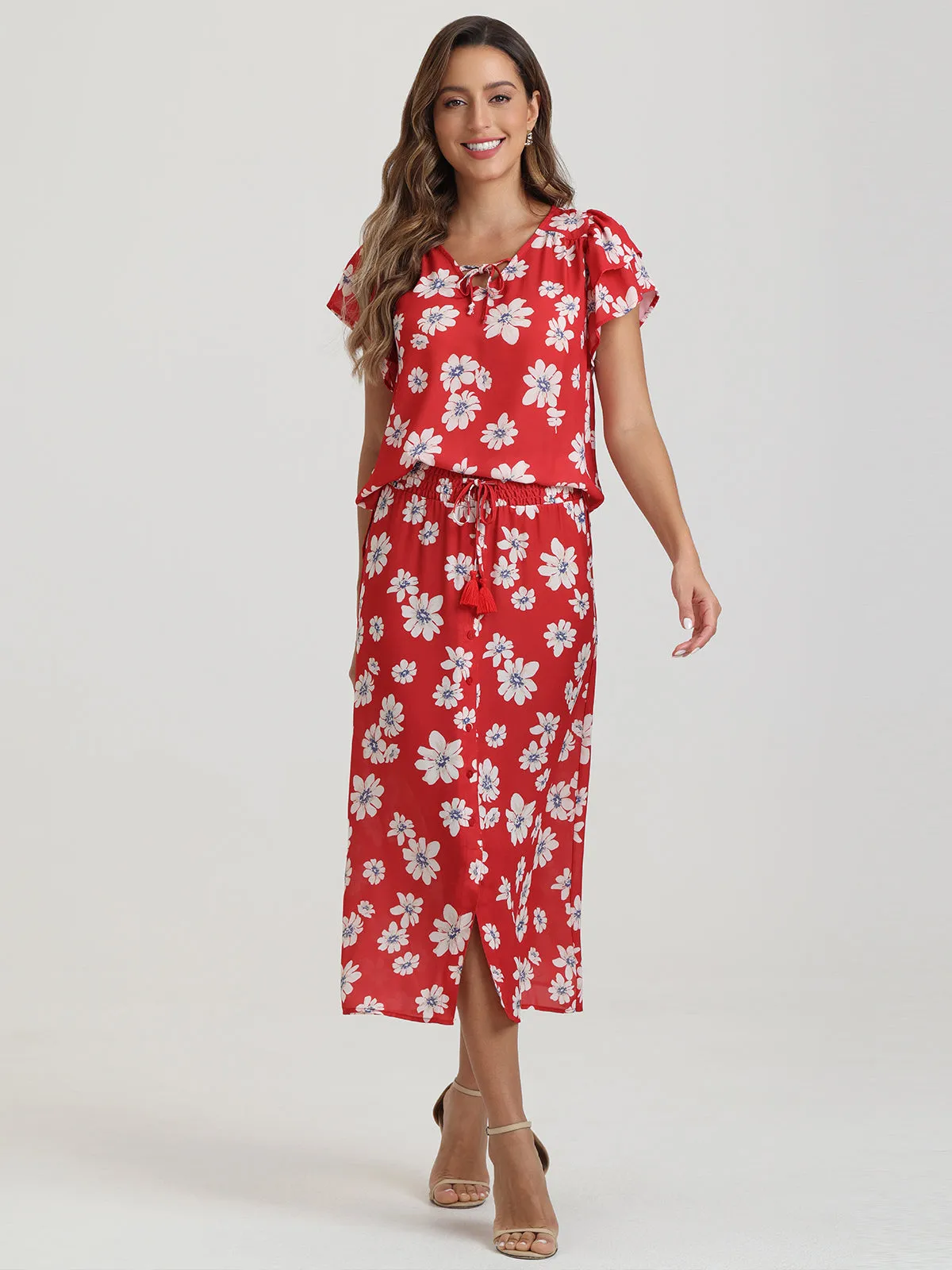 Floral Button Front Midi Skirt sold by 89th & Madison