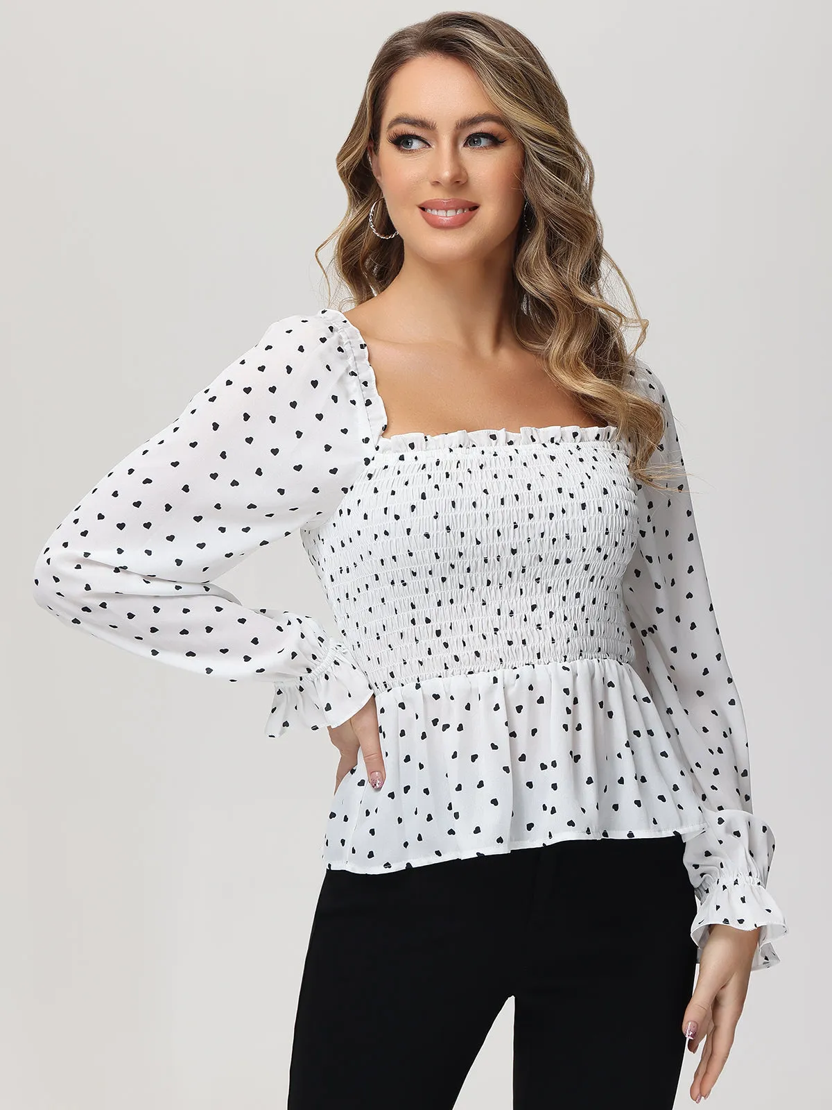 Heart Print Smocked Peplum Blouse sold by 89th & Madison product image thumbnail 4