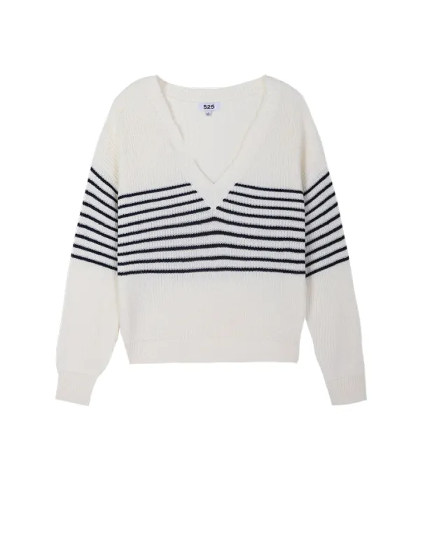 The Lea: Stripe Distressed V-Neck Pullover sold by 89th & Madison